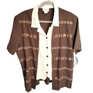 Y2K Vintage Brown White Floral Embroidered Retro Twofer Deadstock Blouse Size 14